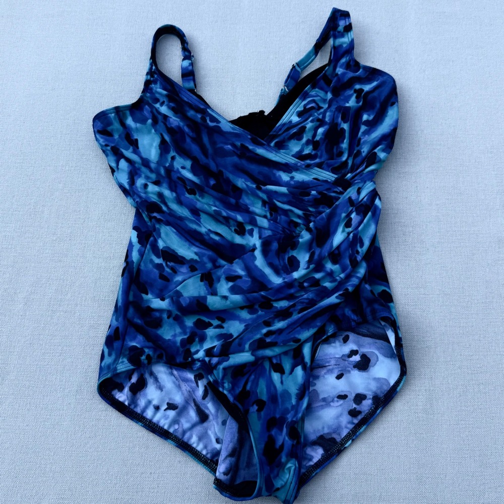 Miraclesuit Womens Blue Animal Print Underwire Ruched One Piece Swimsuit